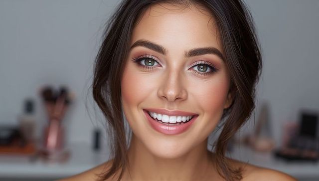 Elegant woman with impeccable makeup smiling in vanity setting