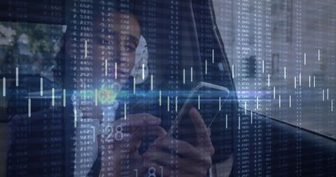 Businesswoman analyzing data with smartphone technology interface