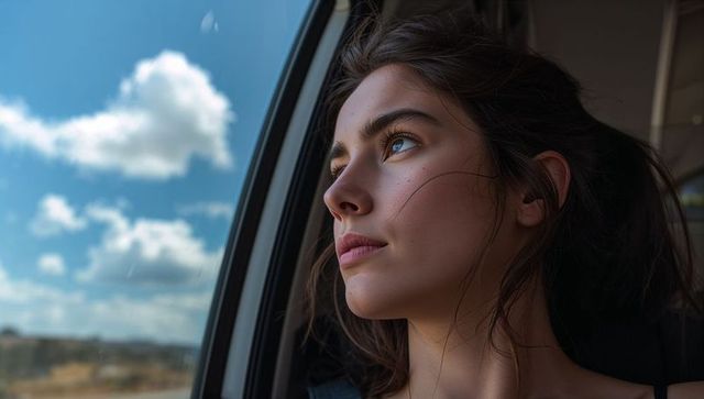 Young woman gazing out car window during daytime journey, reflective travel portrait