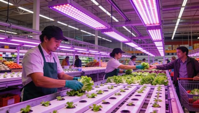 Indoor hydroponic lettuce harvesting under led grow lights in supermarket vertical farm