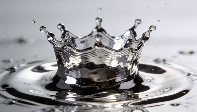 High-speed liquid crown splash creating mirror ripples, floating droplets, metallic sheen