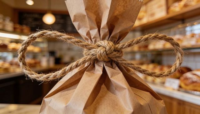 Kraft paper bag featuring jute rope bow at artisan bakery counter with fresh loaves