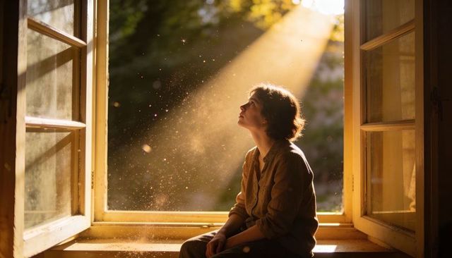 Woman Bathed in Golden Sunbeam on Open Windowsill with Floating Dust Motes
