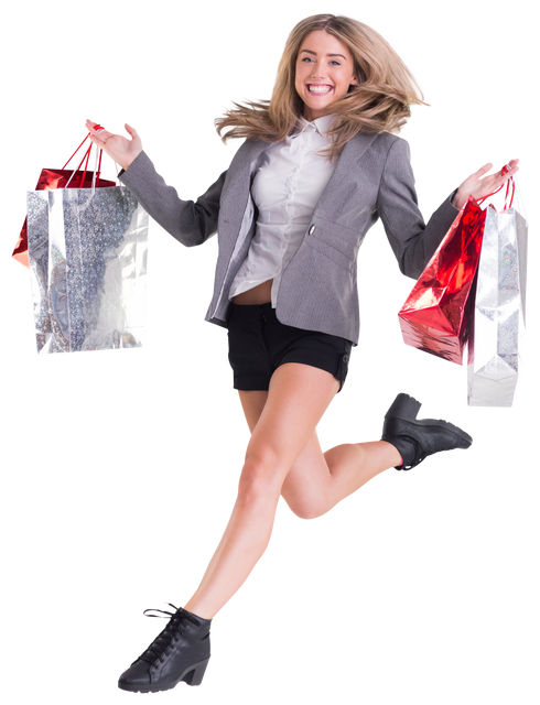 Transparent Background Smile Blonde Woman Jumping with Festive Shopping Bags - Download Free Stock Videos Pikwizard.com