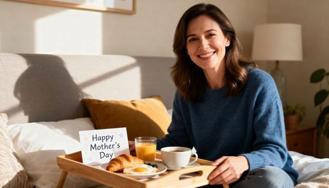Smiling woman enjoying mother's day breakfast in bed with coffee, croissant and card
