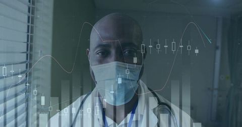 Doctor Wearing Surgical Mask and Stethoscope with Medical Data Candlestick Graph Overlay