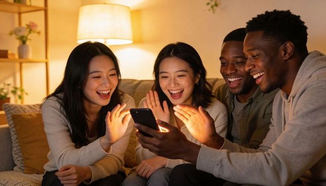 Laughing friends sharing glowing smartphone on cozy sofa in warm lamplight evening