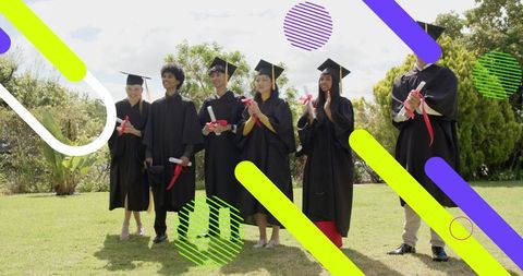 Diverse graduates standing on campus lawn holding diplomas with neon graphic overlays