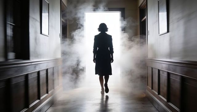 Walking silhouette entering bright doorway through fog in dark wood-paneled corridor