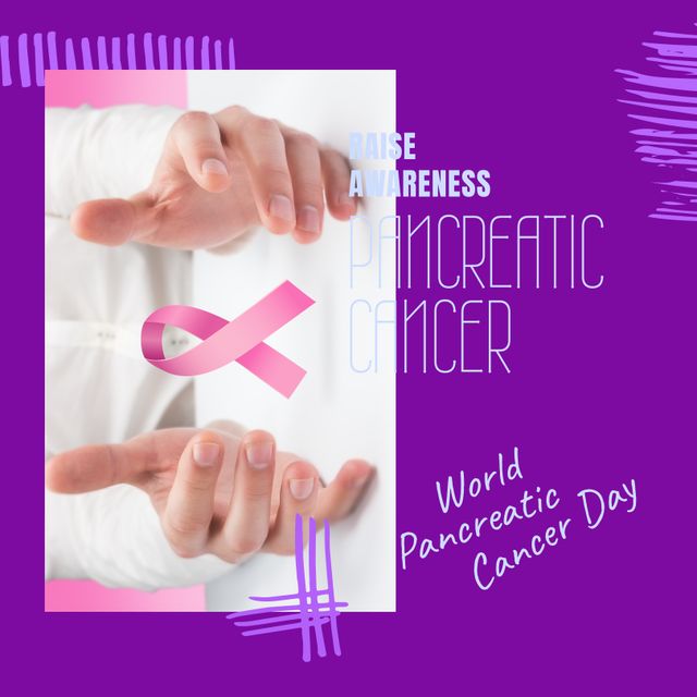 Composition of world pancreatic cancer day text with hands holding pink ribbon on purple background. Pancreatic cancer day and celebration concept digitally generated image.