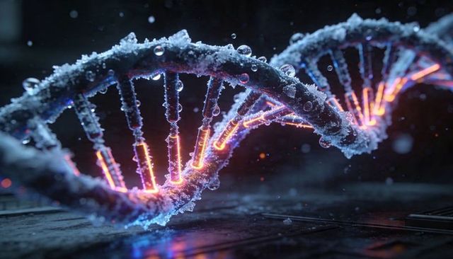 Glowing frosted dna helix displaying neon base pairs on reflective lab surface