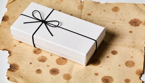 Sitting white gift box with black ribbon bow on vintage stained parchment background
