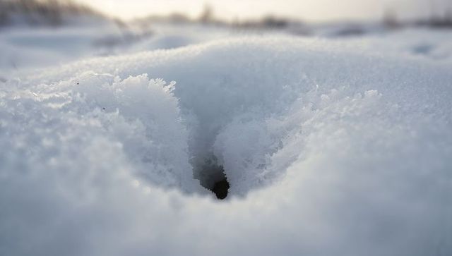Macro view of frosted snow cavity revealing dark hollow in powdery winter field at dawn