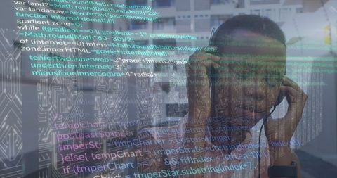 African American Woman Using Headphones with Digital Interface Overlay