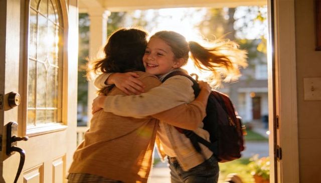 Sunlit daughter hugging mother at front door returning from school with backpack