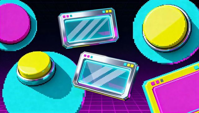 Floating chrome interface windows over neon synthwave grid with cyan platforms