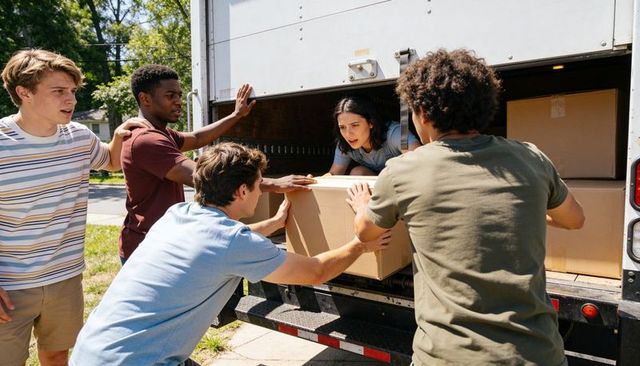 Friends loading moving truck together passing boxes during sunny suburban moving day