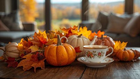 Cozy autumn tea scene featuring pumpkins, fall leaves, steaming vintage teacup
