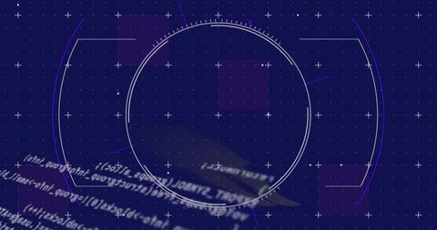 Displaying glowing concentric HUD ring with plus-sign grid and blurred code overlay