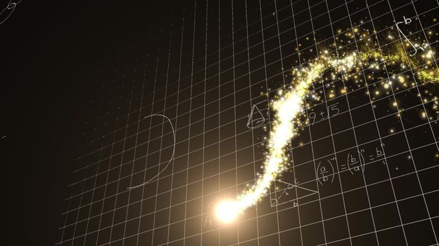 Digital depiction of math formulas with a glowing trajectory symbolizing exploration and knowledge transfer. Points towards academic or sci-fi subjects, ideal for use in educational materials, science presentations, and digital coursework visuals.