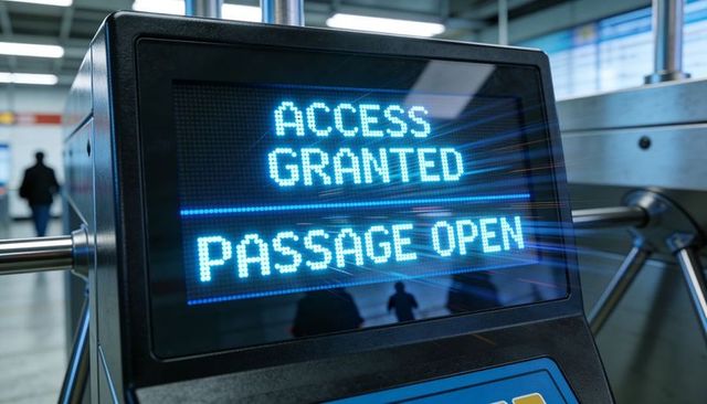 Turnstile led display reading access granted passage open at busy metro gate with commuters