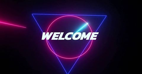 Neon Welcome Text with Geometric Shapes on Black Background