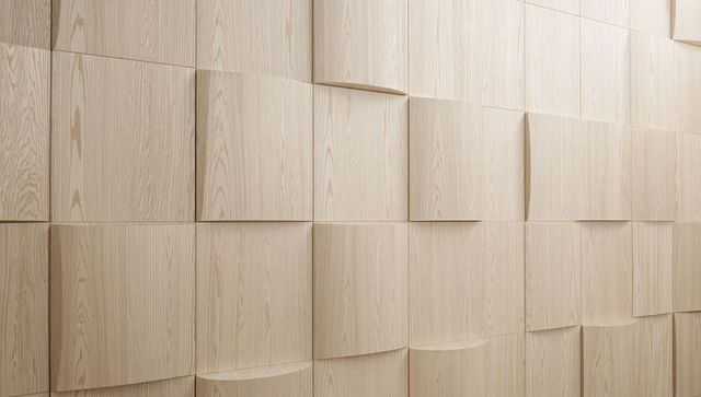 Light wood 3D tessellated square wall panels with curved faces casting soft shadows