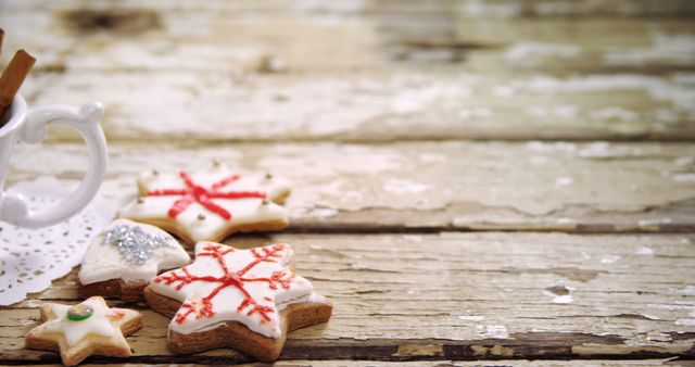 Christmas star shaped cookies and white mug with copy space on wooden background - Download Free Stock Photos Pikwizard.com