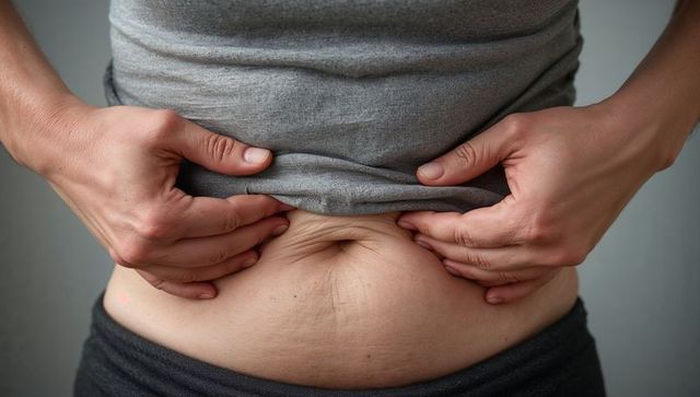 Woman pinching belly skin revealing loose abdomen and stretch marks closeup