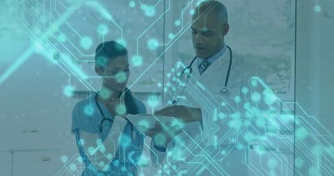 Healthcare Professionals Analyzing Data with Digital Circuitry Overlay