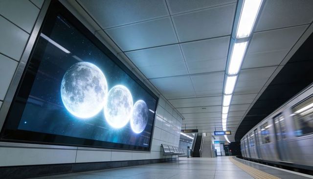 Metro platform showing digital billboard with three moons, moving train and tactile strip