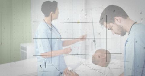 Healthcare Professionals Collaborating Over Patient Care with Overlaid Graphs