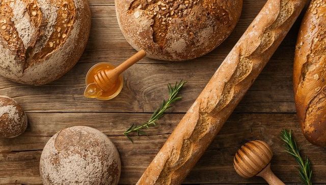 Showcasing crusty baguette and sourdough boules on rustic wooden table with honey dipper