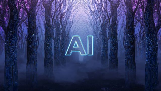 Glowing AI Neon Sign Illuminating Circuit-Patterned Tree Trunks in Misty Cyber Forest