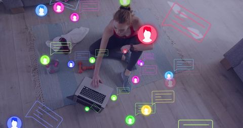 Woman Using Laptop with Overlayed Social Media Icons