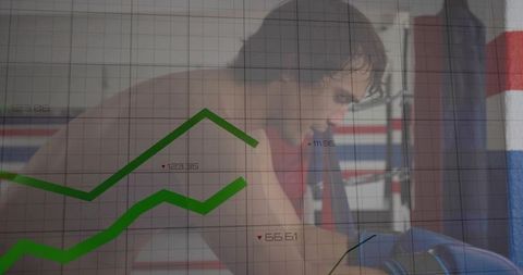 Man Cycling Indoors with Financial Data Overlay Symbolizing Performance