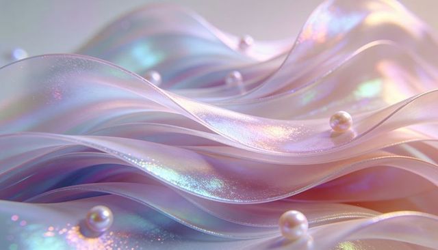 Iridescent pearlescent ribbons flowing with floating pearls and soft luminous pastel glow