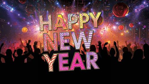 Vibrant happy new year club party with giant colorful lettering, confetti and silhouettes