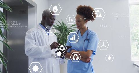 Diverse Medical Professionals with Sustainable Technology Overlay