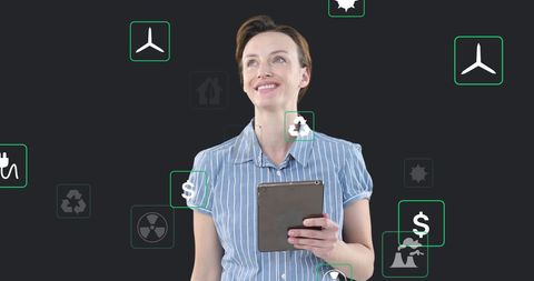 Businesswoman Engaging with Interactive Holographic Icons