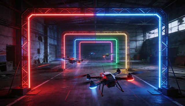 Neon drone race navigating abandoned warehouse through colorful led arches and fog
