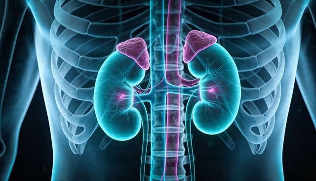 Frontal view showing bilateral kidneys and adrenal glands with renal vasculature