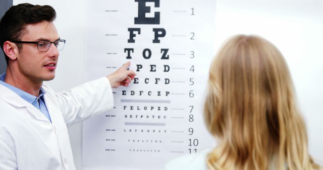 Optometrist wearing white coat performing eye test using Snellen chart with patient. Suitable for content related to eye care, healthcare services, vision health, medical examinations, and doctor-patient interactions.