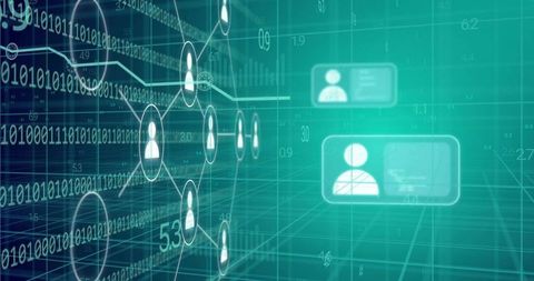 Digital network connecting user profiles over 3d data grid with binary code overlay