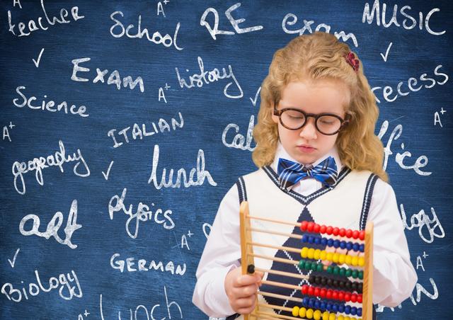 Young schoolgirl holding abacus against chalkboard filled with subject names. Perfect for education materials, school advertisements, learning concepts, or educational blog posts.