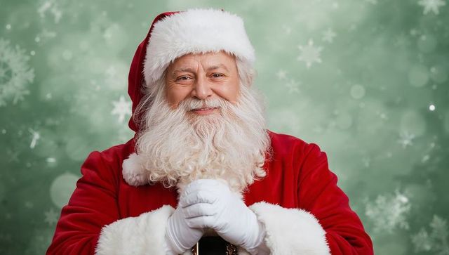 Cheerful Santa Claus Holding Hands in Festive Studio Portrait