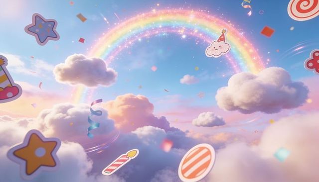 Sparkling rainbow arching over pastel clouds with floating sticker elements and confetti
