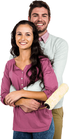 Stylish Couple Embracing Holding Paint Roller Transparent Background