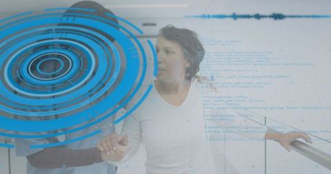 Mature woman walking with nurse guiding through holographic hud for mobility rehabilitation