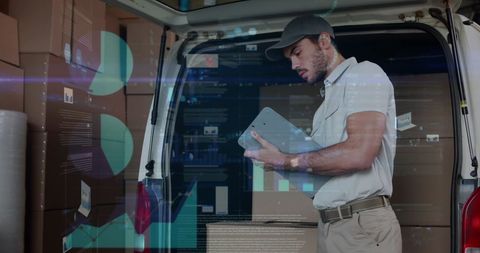 Delivery man managing packages with digital data overlay